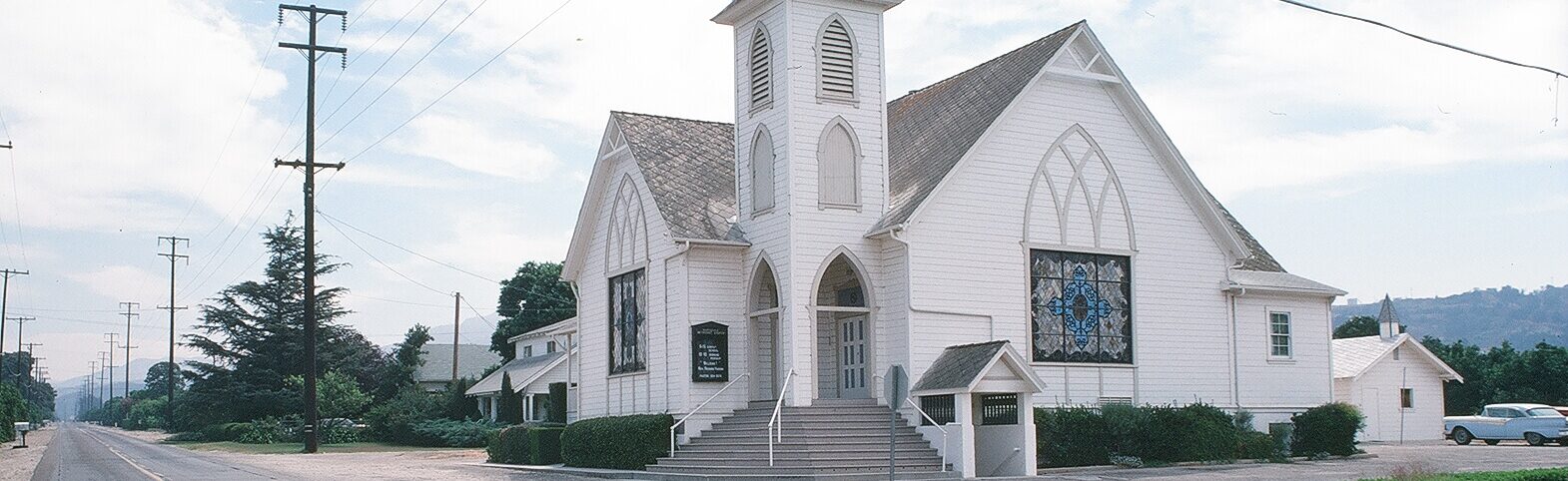 Bardsdale Methodist Church in 1978, showcasing Carpenter Gothic architecture in Fillmore.