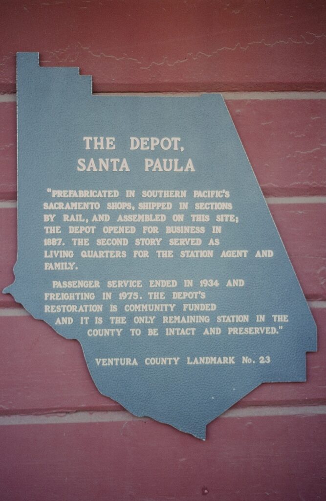 Commemorative plaque at Santa Paula Depot detailing its historical significance and status as Ventura County Landmark No. 23.