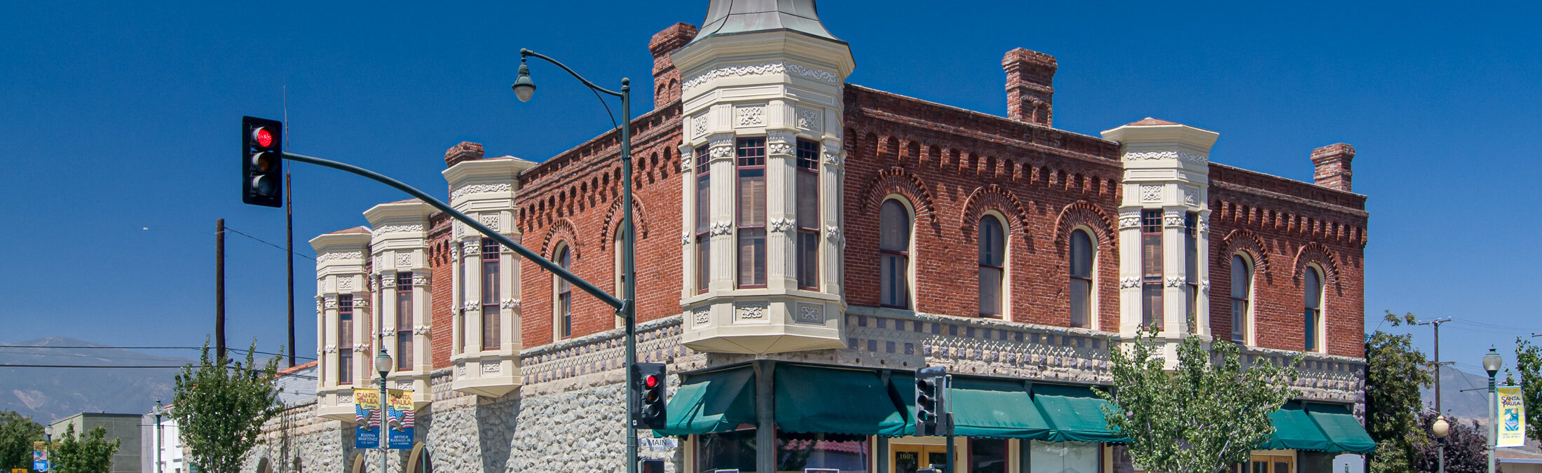 Historic Union Oil Company Building in Santa Paula with red brick and intricate architecture.