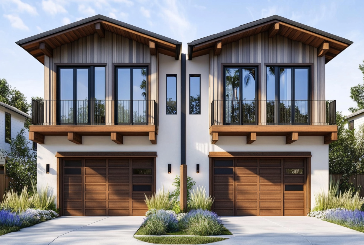 Modern two-story duplex with a shared wall and single garage entrance for both homes.